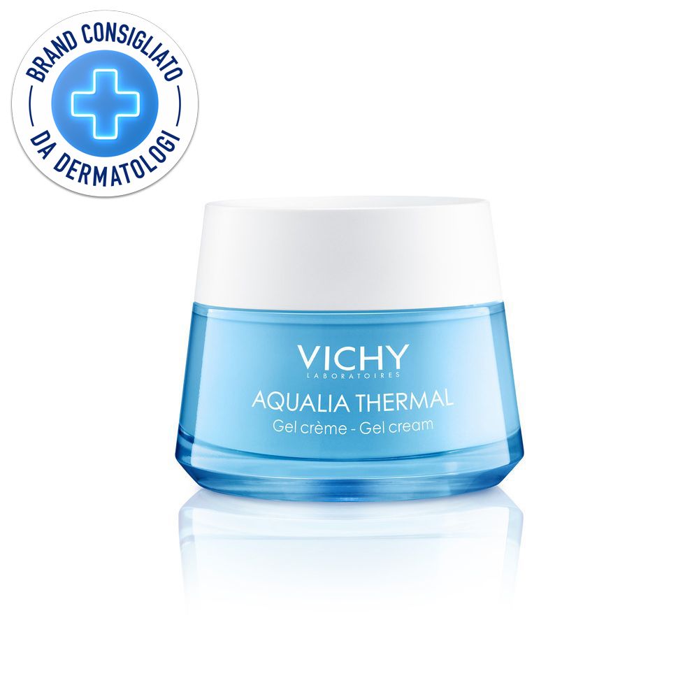 Vaso blu con coperchio bianco. Scritta "VICHY AQUALIA THERMAL Gel crème - Gel cream". Logo "Brand Consigliato da Dermatologi".