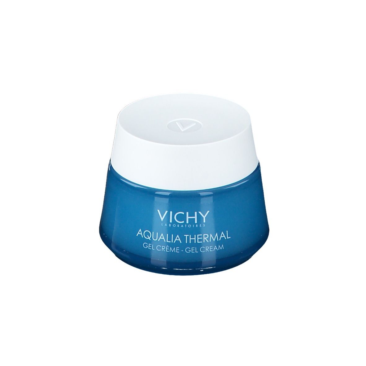 Vaso blu con coperchio bianco. Scritta "VICHY AQUALIA THERMAL Gel crème - Gel cream".