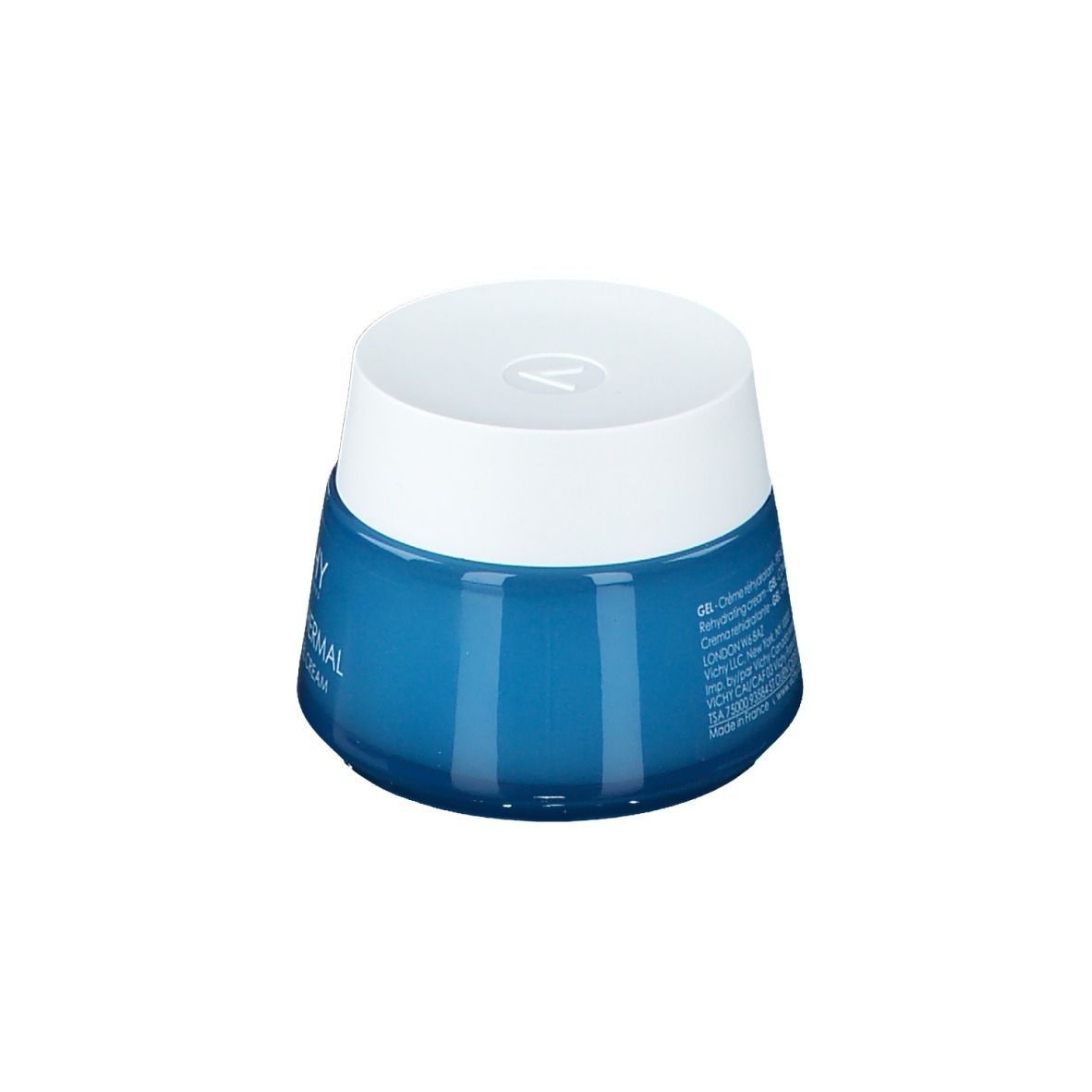 Vaso blu con coperchio bianco. Scritta "VICHY AQUALIA THERMAL Gel crème - Gel cream".