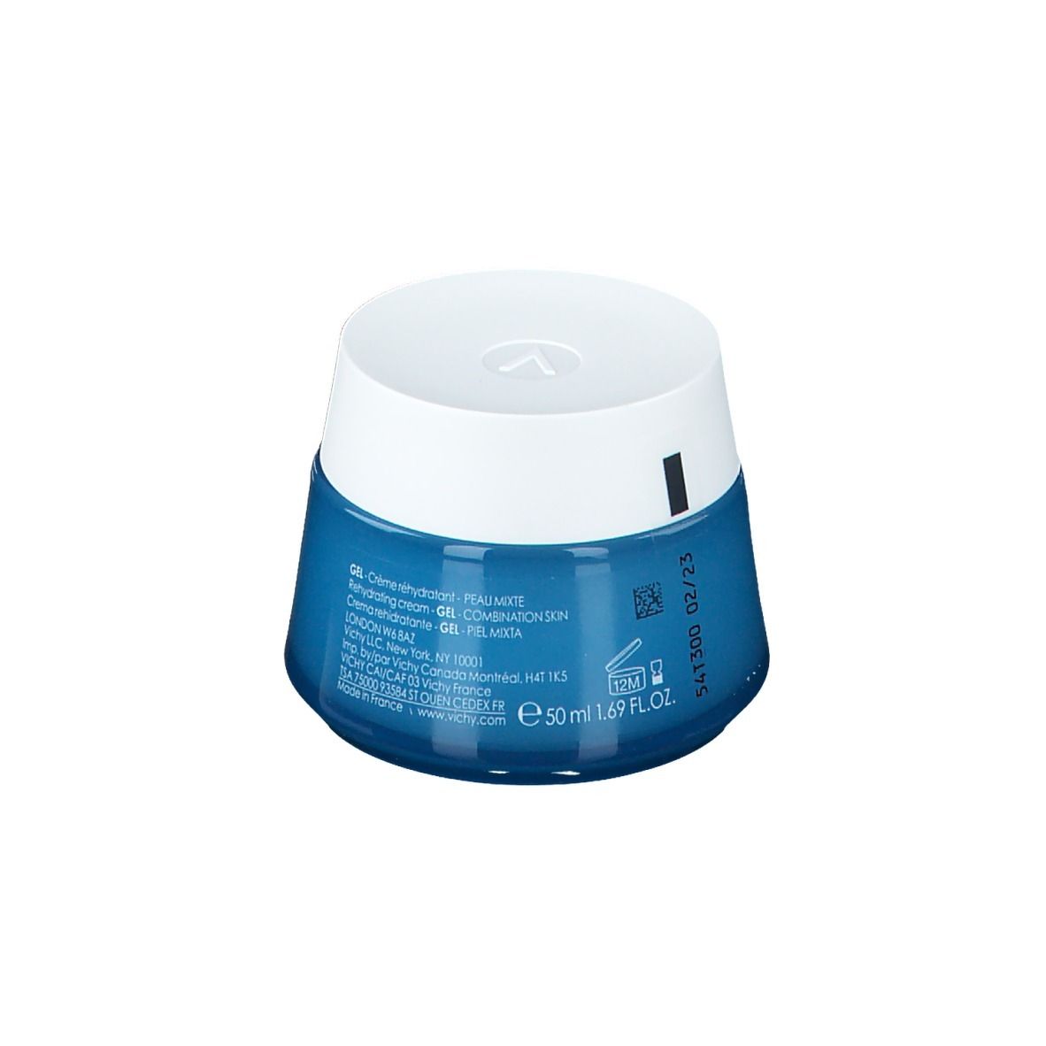 Vaso blu con coperchio bianco. Scritta "VICHY AQUALIA THERMAL Gel crème - Gel cream".