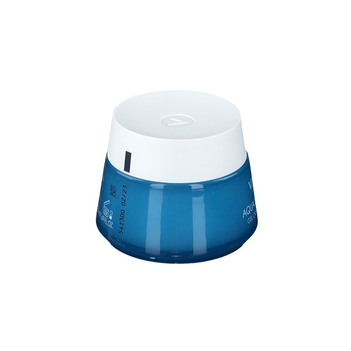 Vaso blu con coperchio bianco. Scritta "VICHY AQUALIA THERMAL Gel crème - Gel cream".