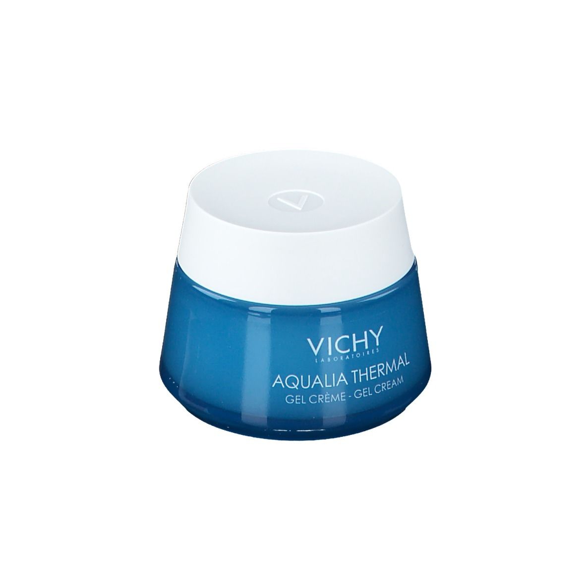 Vaso blu con coperchio bianco. Scritta "VICHY AQUALIA THERMAL Gel crème - Gel cream".