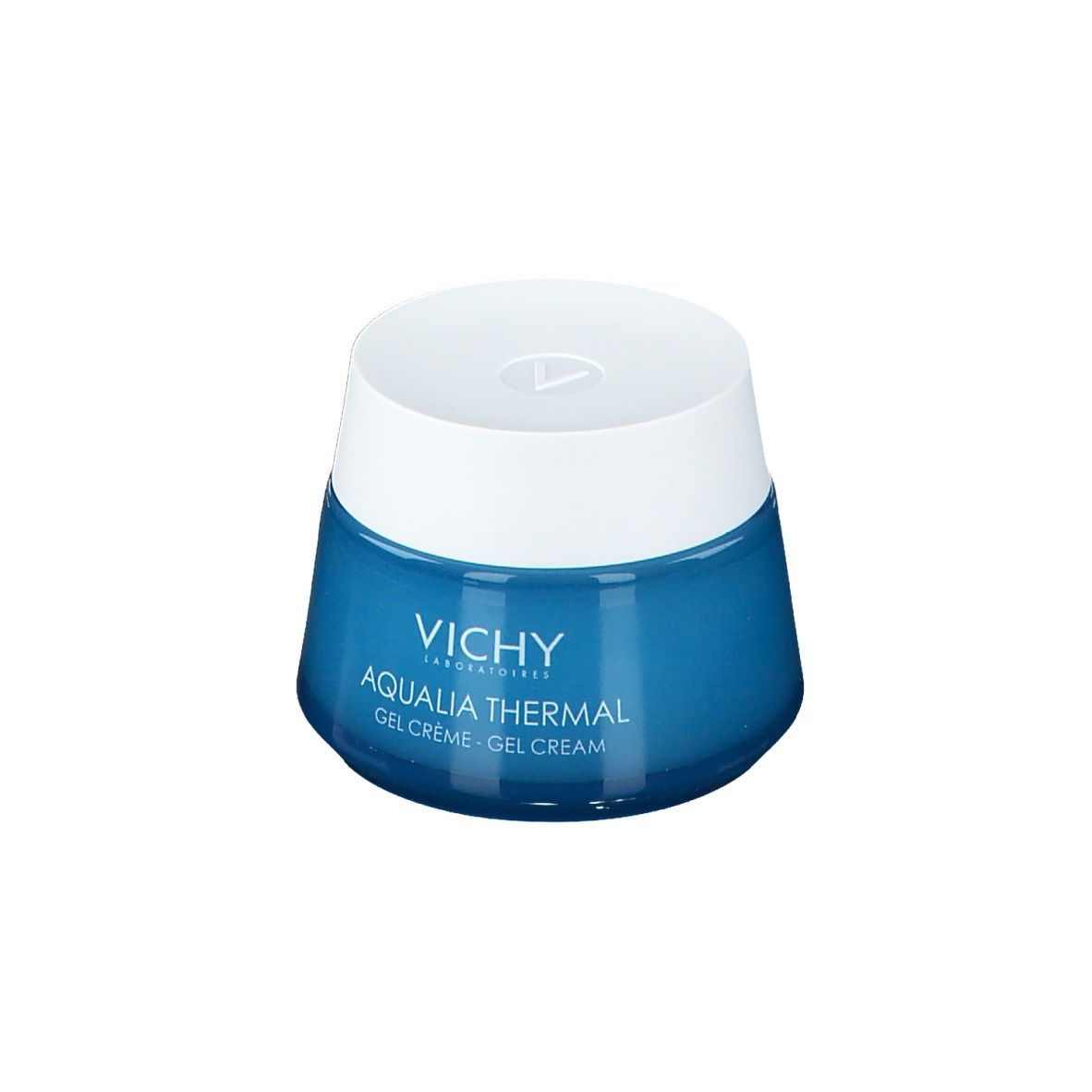 Vaso blu con coperchio bianco. Scritta "VICHY AQUALIA THERMAL Gel crème - Gel cream".