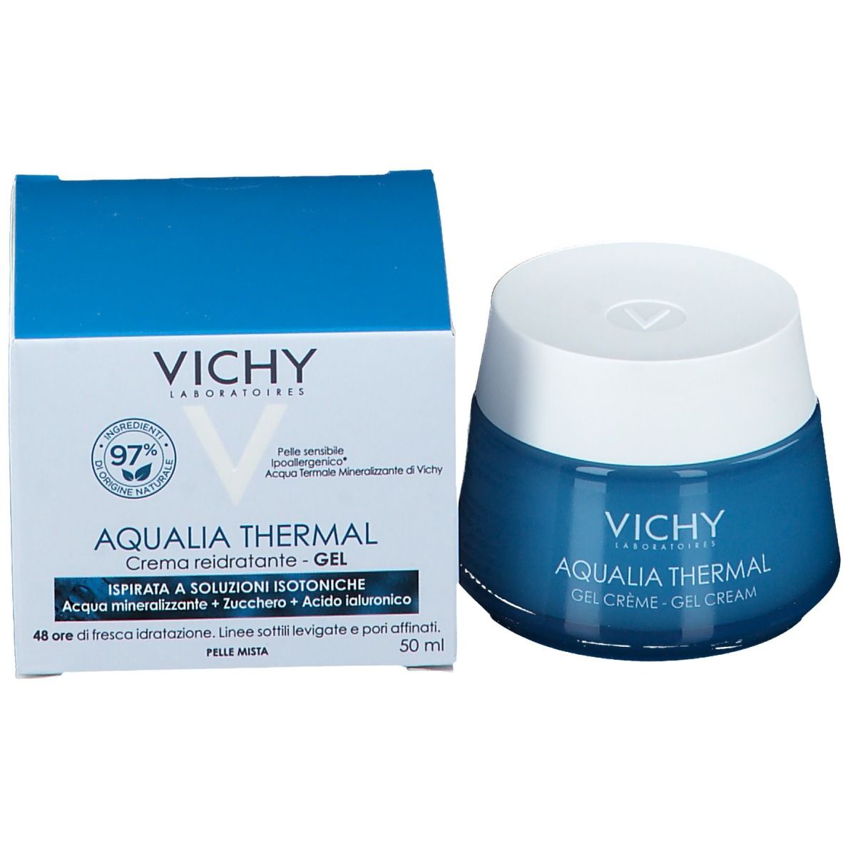 Vaso blu e scatola. Scritta "VICHY AQUALIA THERMAL Gel crème - Gel cream" sul vaso.