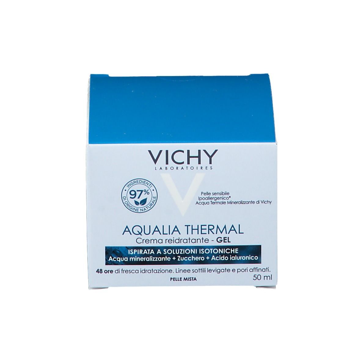 Scatola. Scritta "VICHY AQUALIA THERMAL Creme reidratante - GEL" sulla scatola.