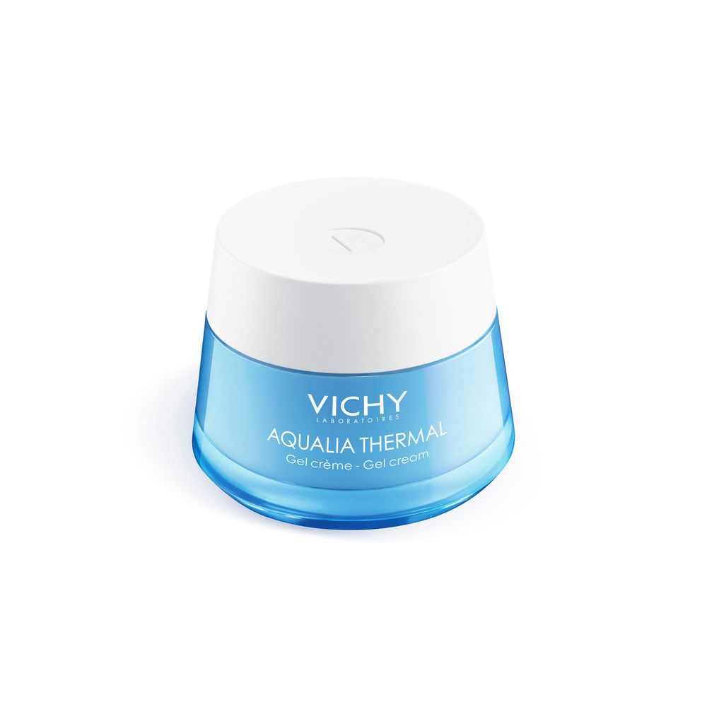 Vaso blu con coperchio bianco. Scritta "VICHY AQUALIA THERMAL Gel crème - Gel cream".