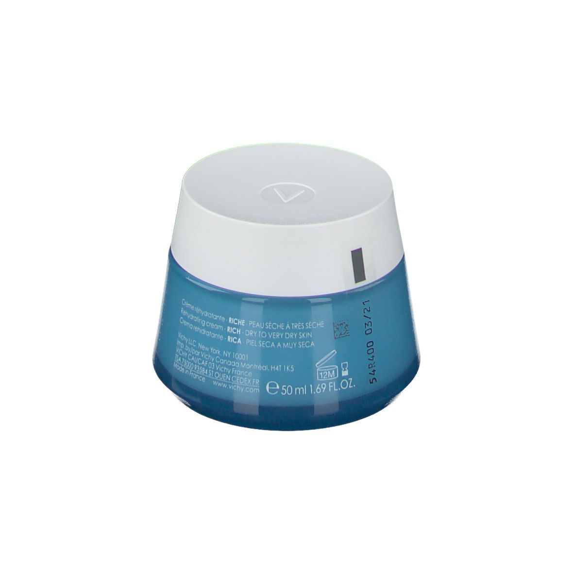 Vaso blu con coperchio bianco. Scritto: "Vichy Aqualia Thermal Riche-Rich".