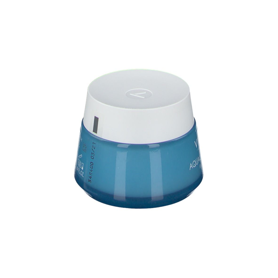 Vaso blu con coperchio bianco. Scritto: "Vichy Aqualia Thermal Riche-Rich".