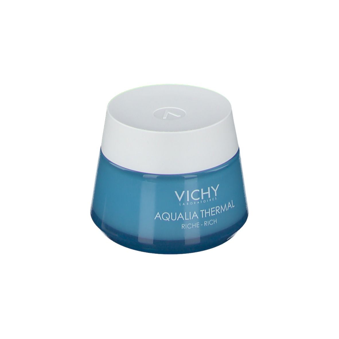 Vaso blu con coperchio bianco. Scritto: "Vichy Aqualia Thermal Riche-Rich".