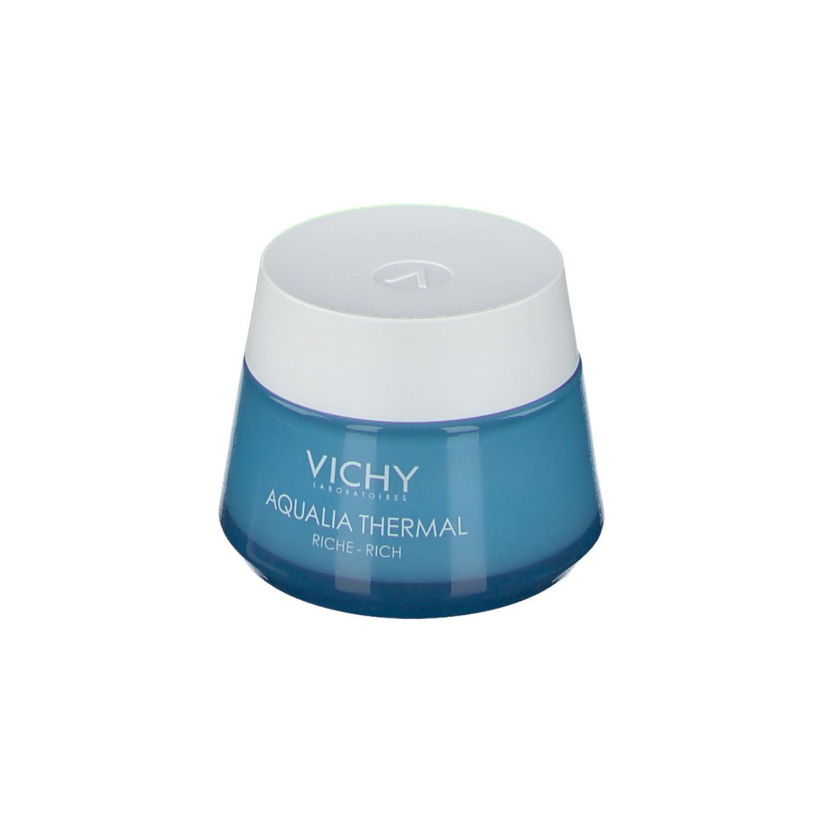 Vaso blu con coperchio bianco. Scritto: "Vichy Aqualia Thermal Riche-Rich".