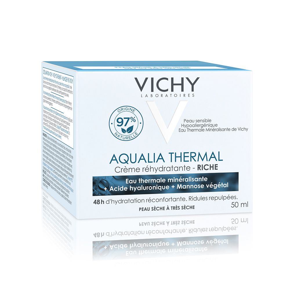 Scatola bianca con testo blu. Scritto: "Vichy Aqualia Thermal Crème réhydratante - RICHE". Contiene 50 ml.