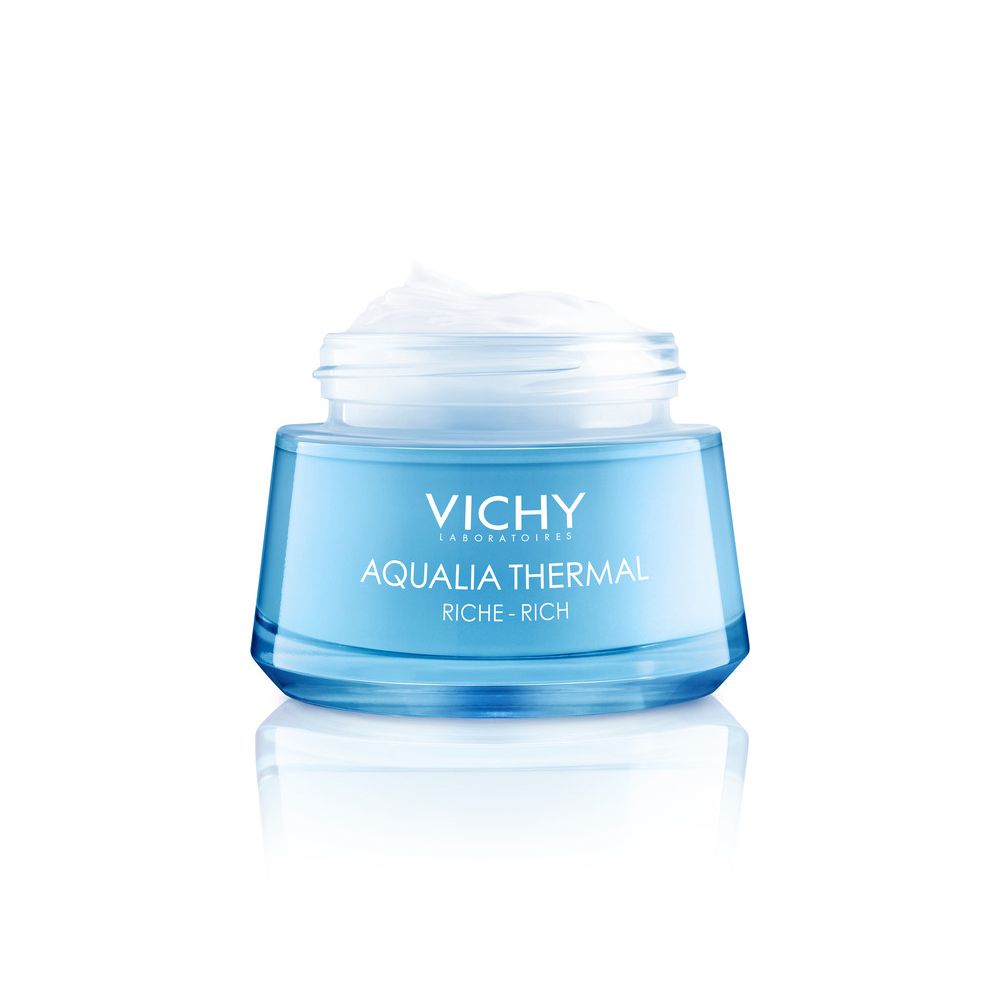 Vaso blu con coperchio bianco. Scritto: "Vichy Aqualia Thermal Riche-Rich". Crema visibile.
