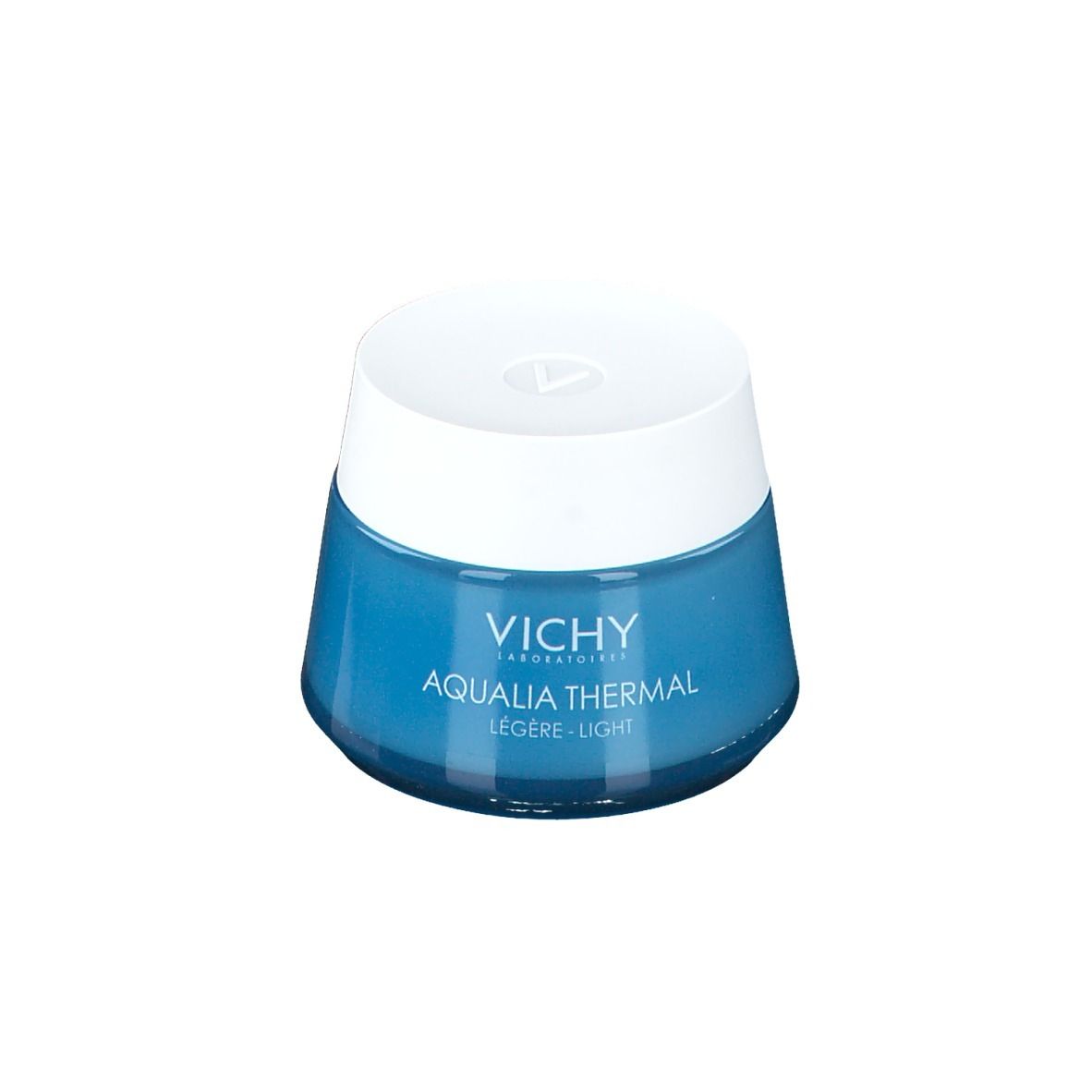 Vaso di crema blu con coperchio bianco. Scritta: Vichy Aqualia Thermal Légère-Light.