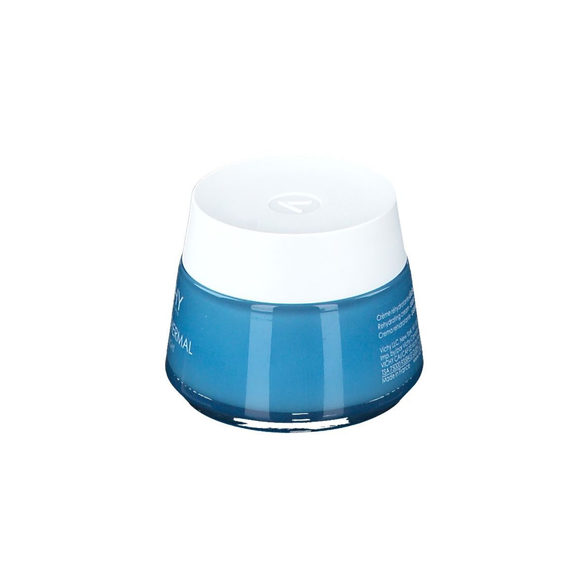 Vaso di crema blu con coperchio bianco. Scritta: Vichy Aqualia Thermal Légère-Light.