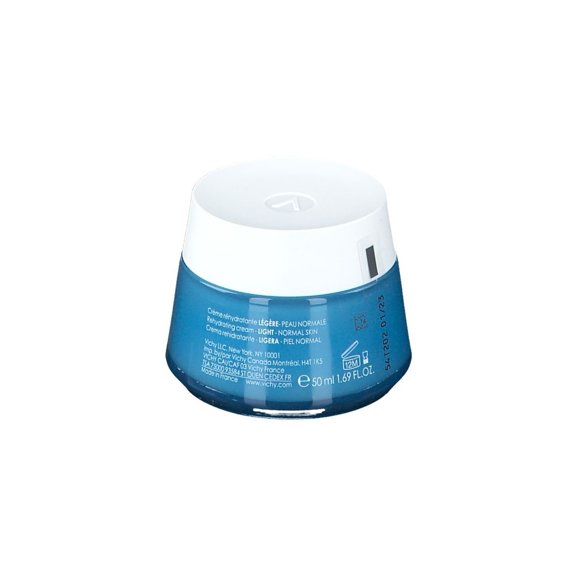 Vaso di crema blu con coperchio bianco. Scritta: Vichy Aqualia Thermal Légère-Light. Testo sul fondo.