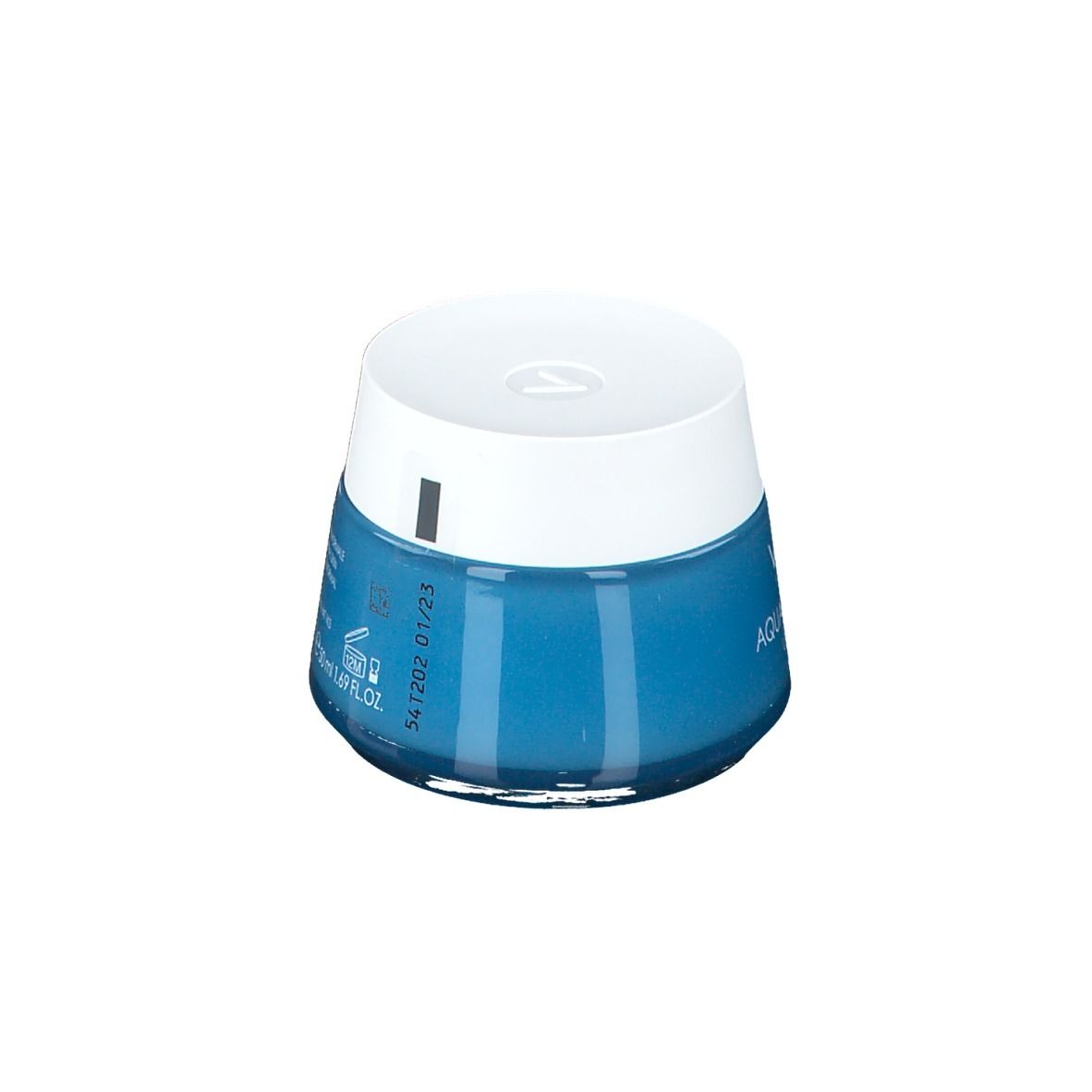 Vaso di crema blu con coperchio bianco. Scritta: Vichy Aqualia Thermal Légère-Light. Testo sul fondo.