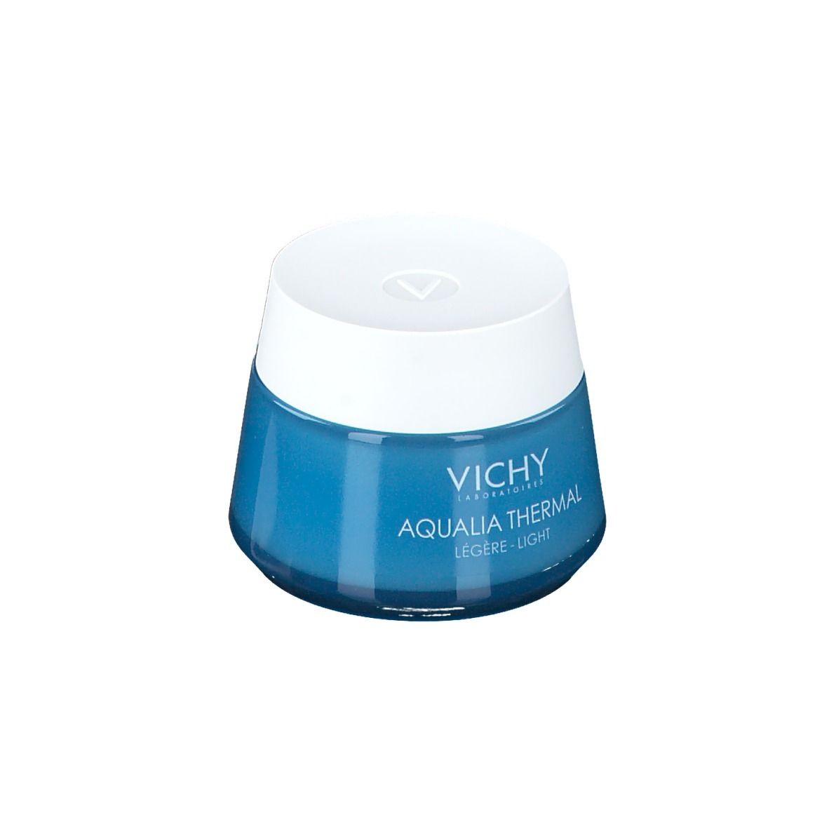Vaso di crema blu con coperchio bianco. Scritta: Vichy Aqualia Thermal Légère-Light. Testo sul fondo.