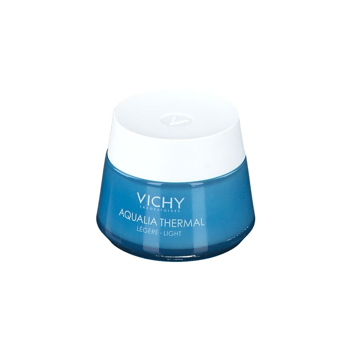 Vaso di crema blu con coperchio bianco. Scritta: Vichy Aqualia Thermal Légère-Light. Testo sul fondo.