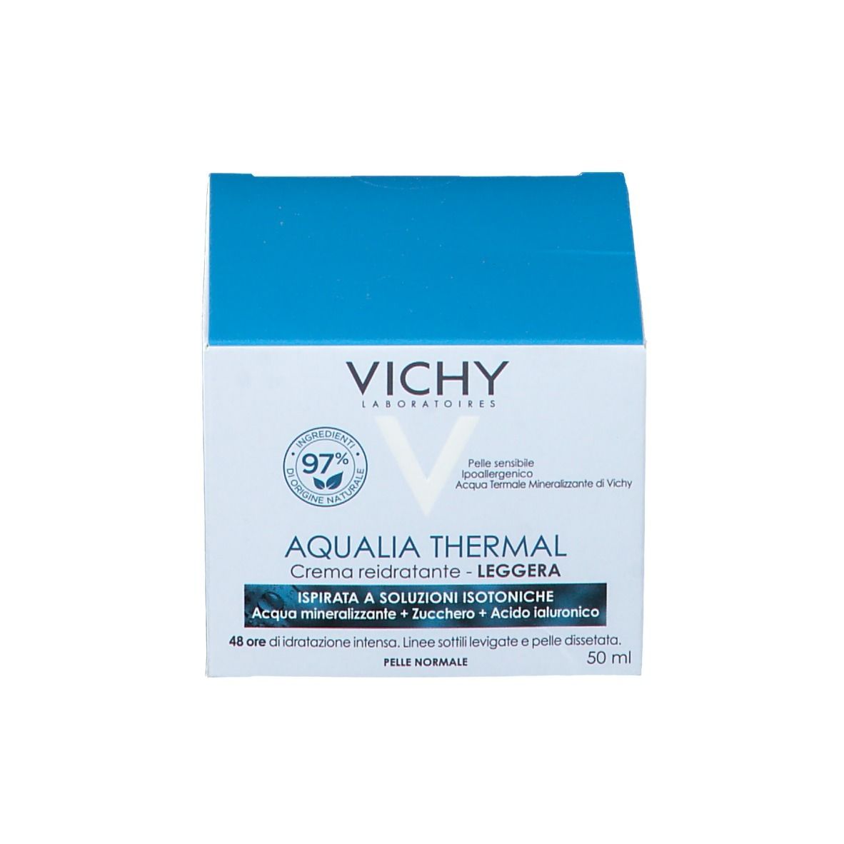 Confezione bianca con Vichy Aqualia Thermal Crème reidratante - Léggera. Testo: 97% ingredienti naturali, 50 ml.