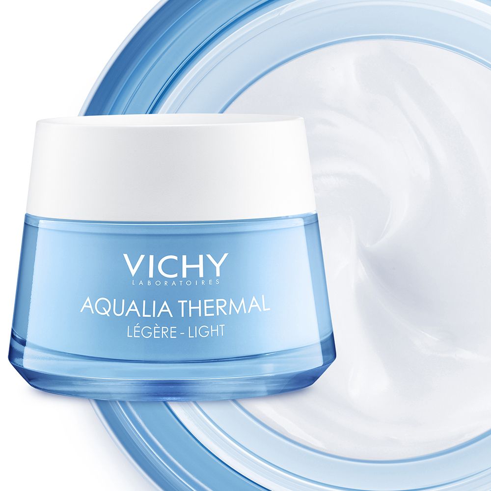 Vaso di crema blu con coperchio bianco e vortice di crema. Scritta: Vichy Aqualia Thermal Légère-Light.