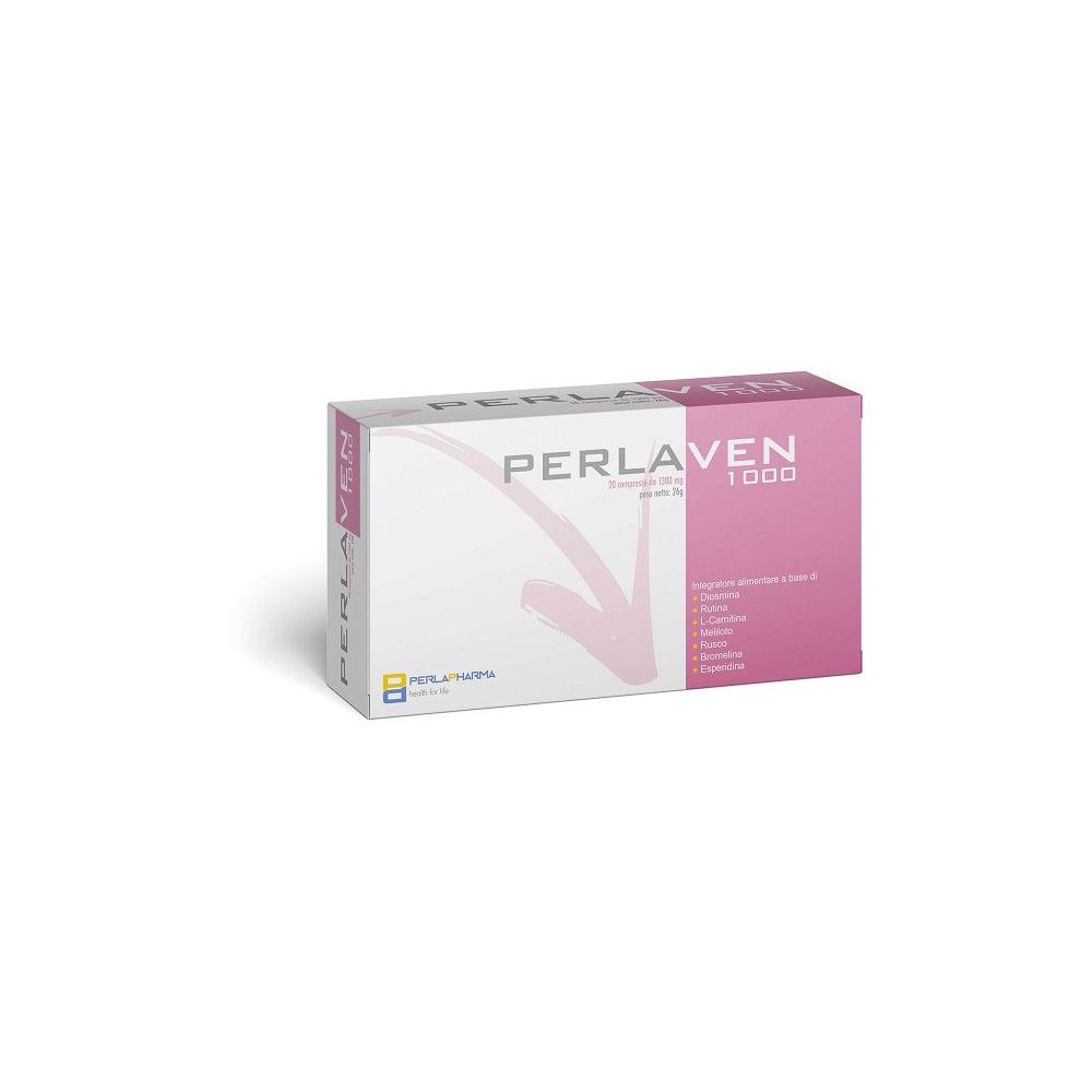 Confezione di compresse "PERLAVEN 1000". Colori rosa e bianco. Logo "POLI-TWINS" in basso a sinistra. Scritta in italiano.
