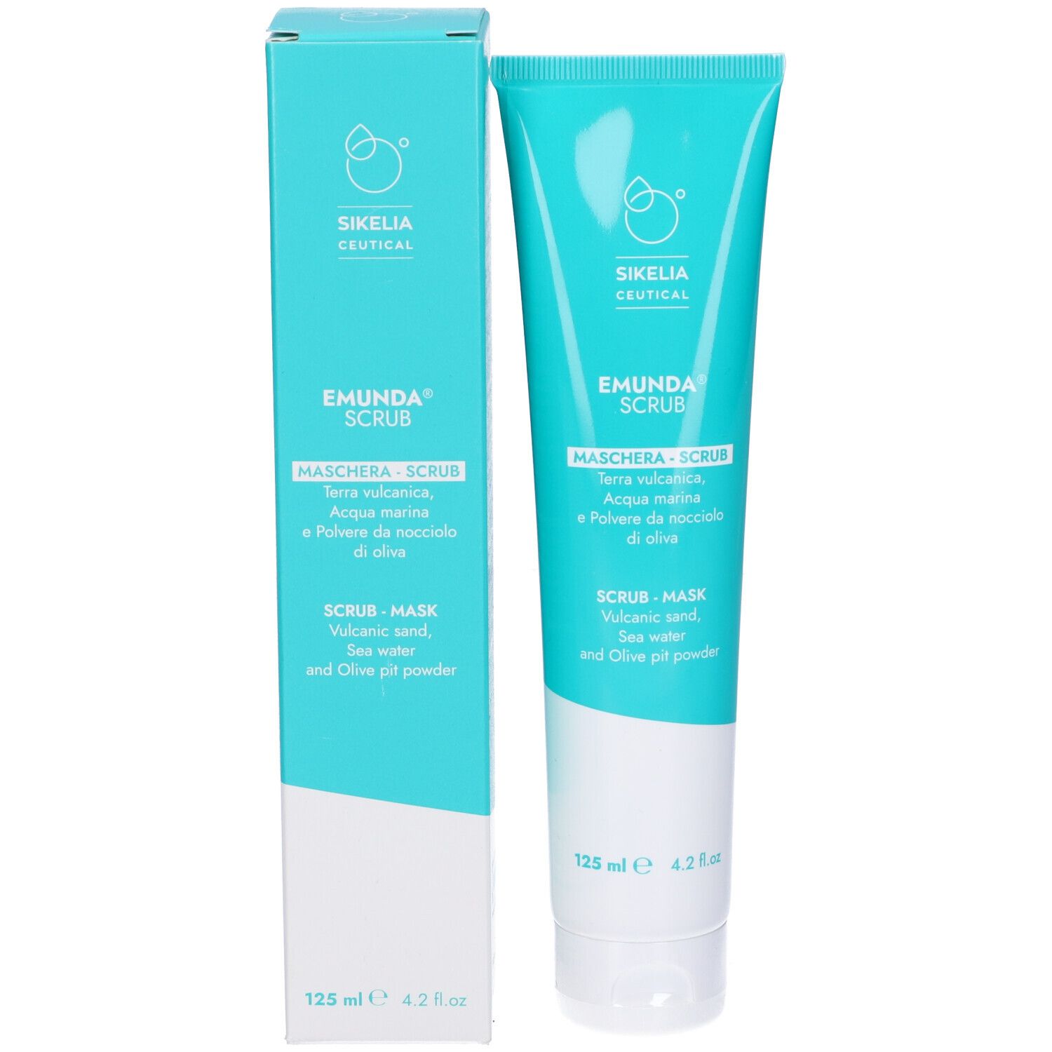 Produktverpackung. Tube und Schachtel. Aufschrift: Emunda Scrub Maschera, Inhaltsstoffe. Marke Sikelia Ceutical.