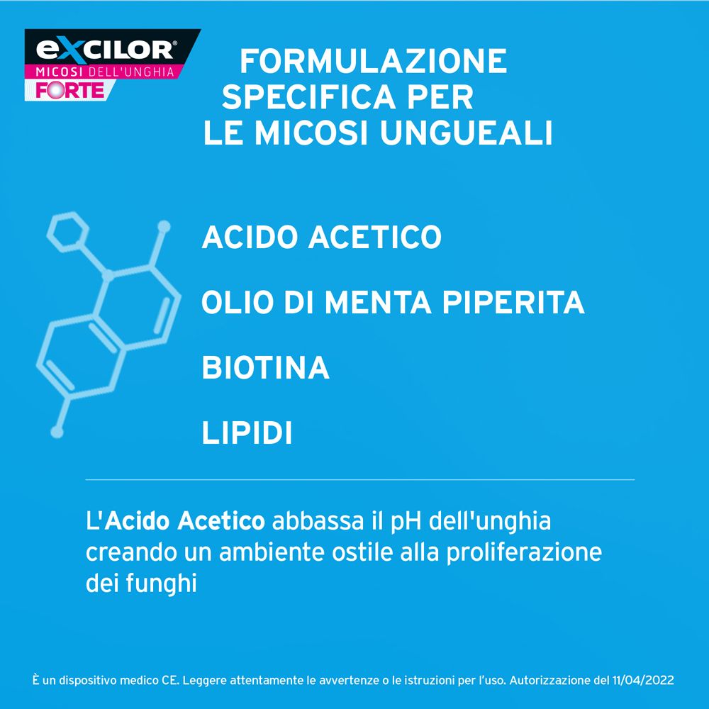 Excilor Forte: Formulierung zur Behandlung von Nagelpilz mit Essigsäure, Pfefferminzöl, Biotin und Lipiden.