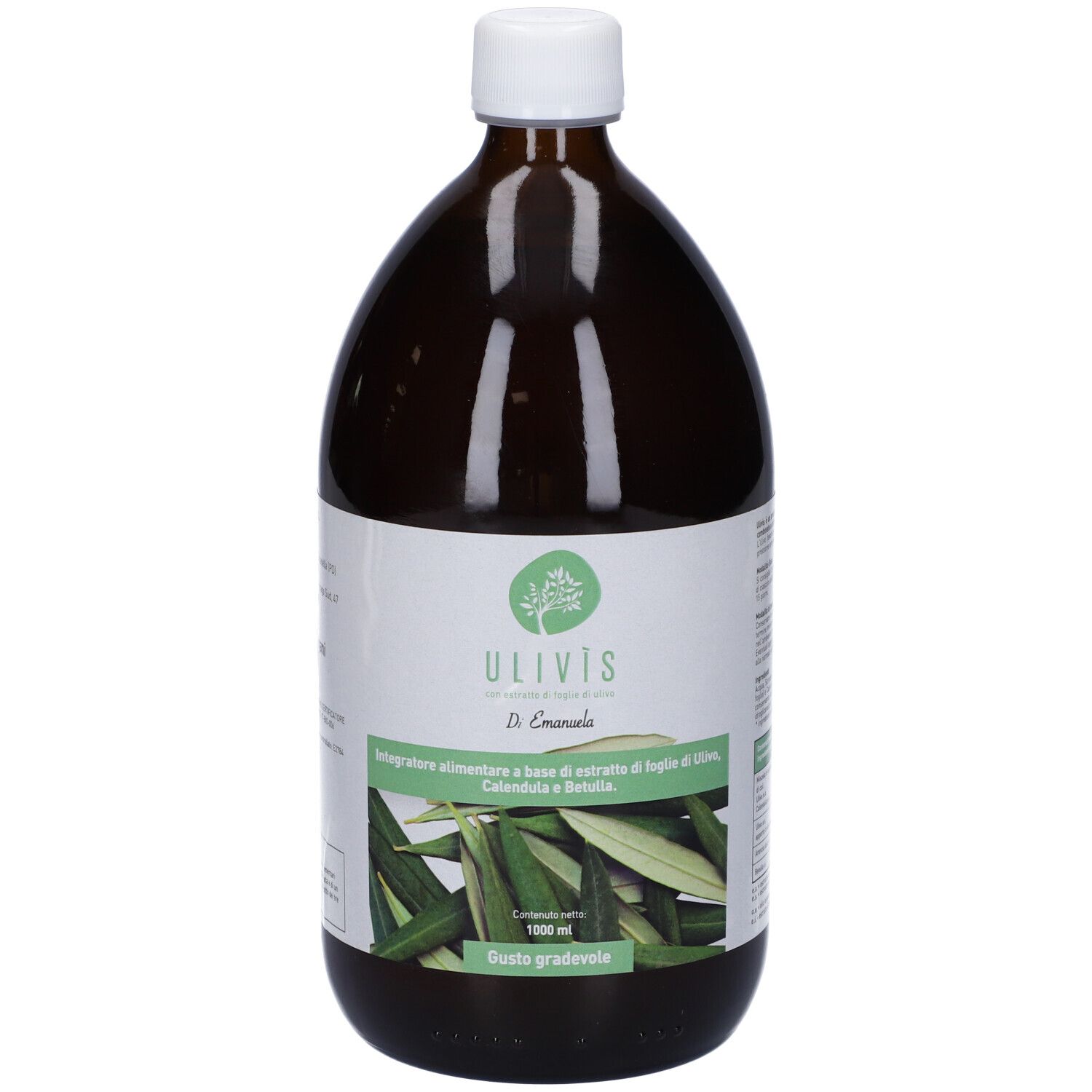 Bottiglia di vetro marrone con tappo bianco ed etichetta. Etichetta con logo, nome del prodotto e informazioni. 1000 ml.
