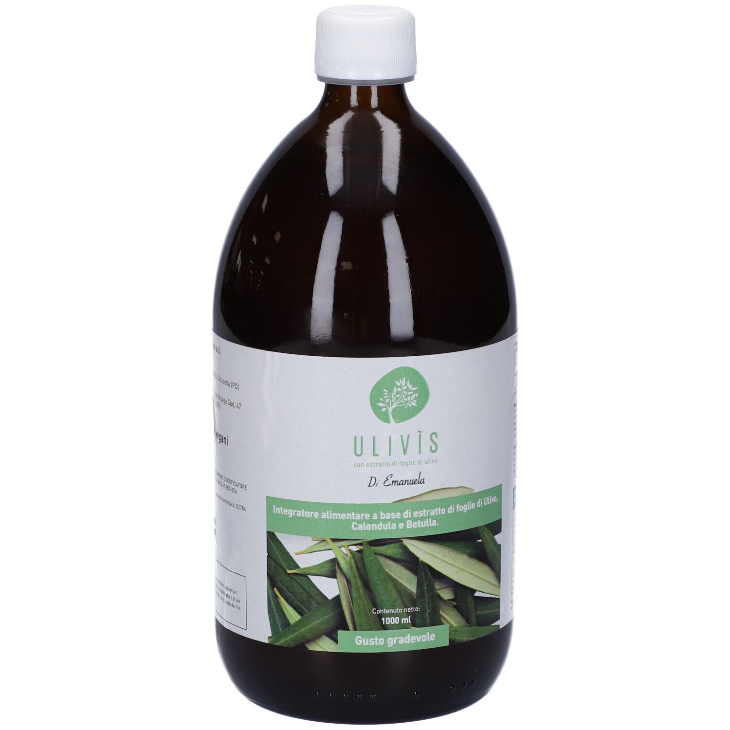 Bottiglia di vetro marrone con tappo bianco ed etichetta. Etichetta con logo, nome del prodotto e informazioni. 1000 ml.
