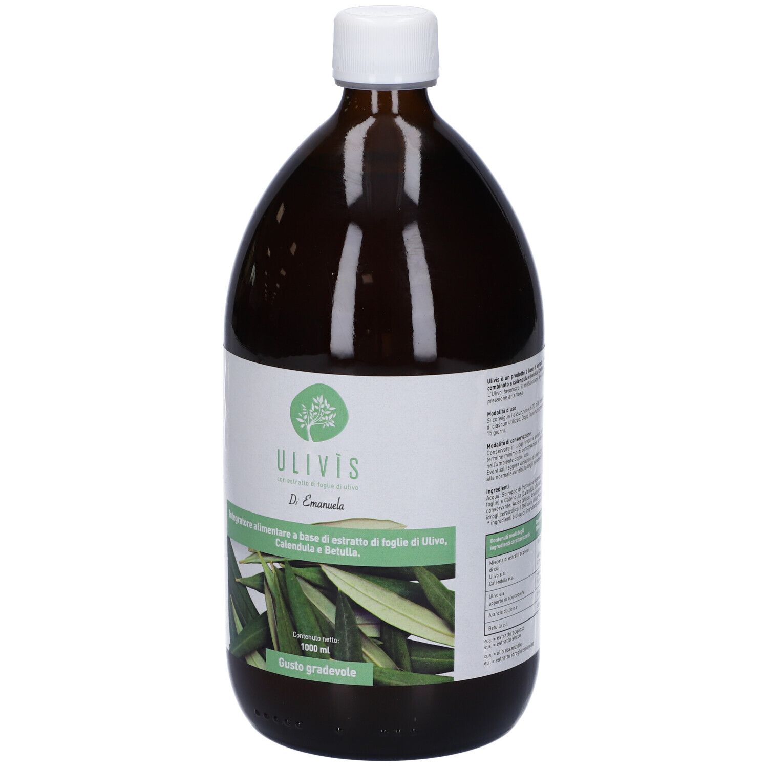 Bottiglia di vetro marrone con tappo bianco ed etichetta. Etichetta con logo, nome del prodotto e informazioni. 1000 ml.