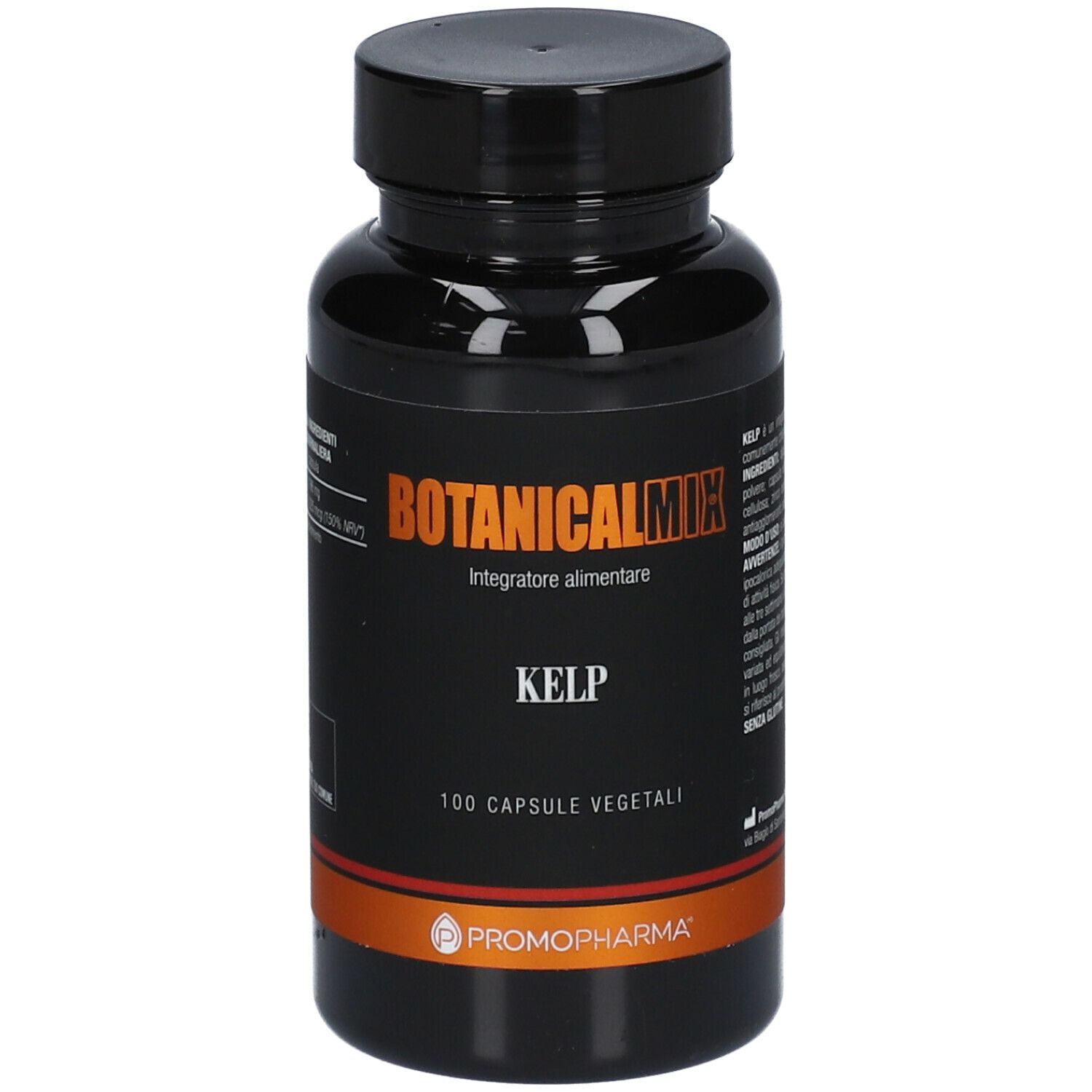 Flacone nero con capsule. Scritta: Botanical Mix Kelp, 100 capsule vegetali. Marchio: Promopharma.