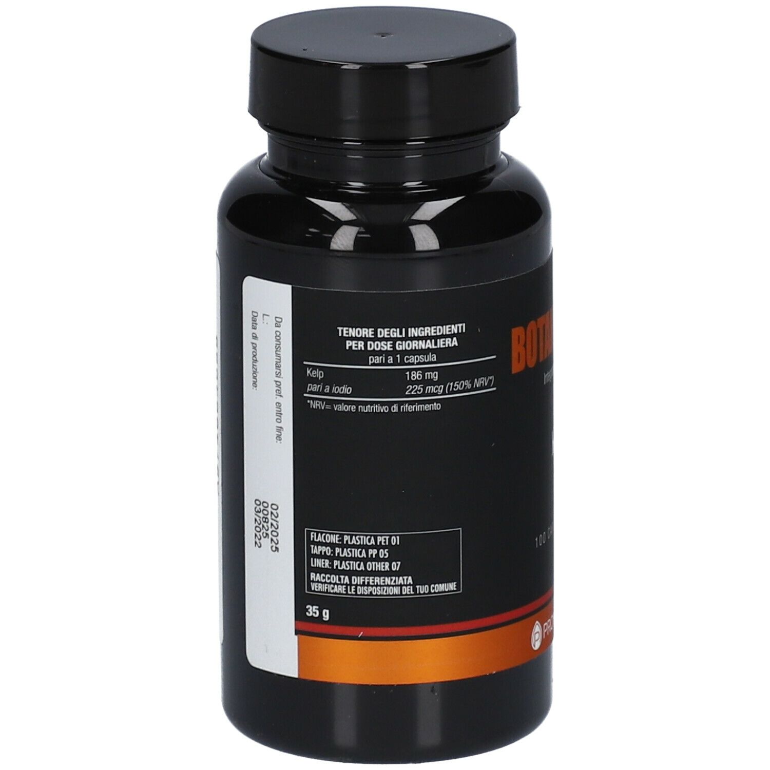 Flacone nero con capsule. Scritta: Botanical Mix Kelp, 100 capsule vegetali. Marchio: Promopharma.