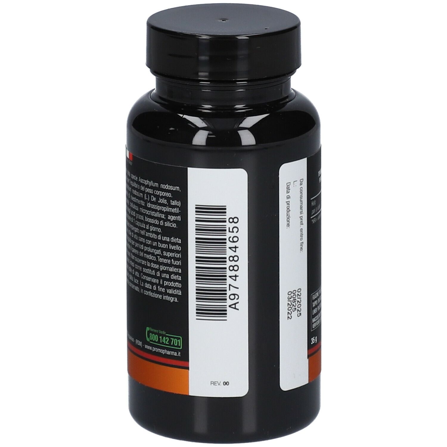 Flacone nero con capsule. Scritta: Botanical Mix Kelp, 100 capsule vegetali. Marchio: Promopharma.