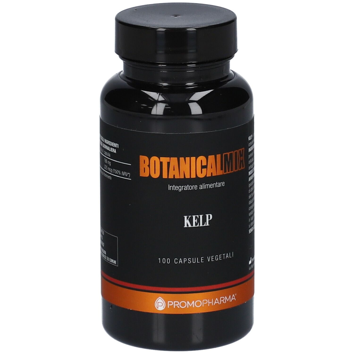 Flacone nero con capsule. Scritta: Botanical Mix Kelp, 100 capsule vegetali. Marchio: Promopharma.