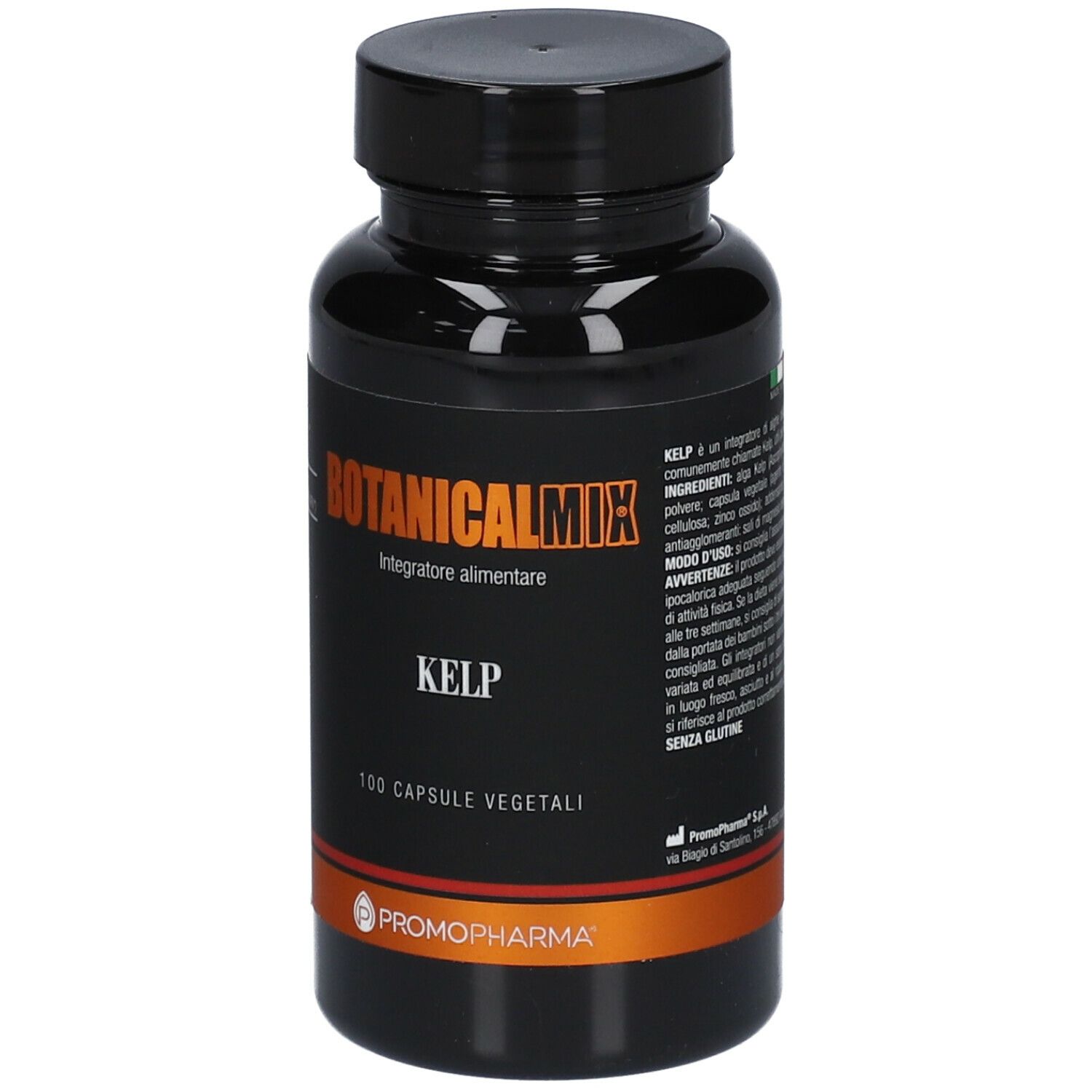 Flacone nero con capsule. Scritta: Botanical Mix Kelp, 100 capsule vegetali. Marchio: Promopharma.