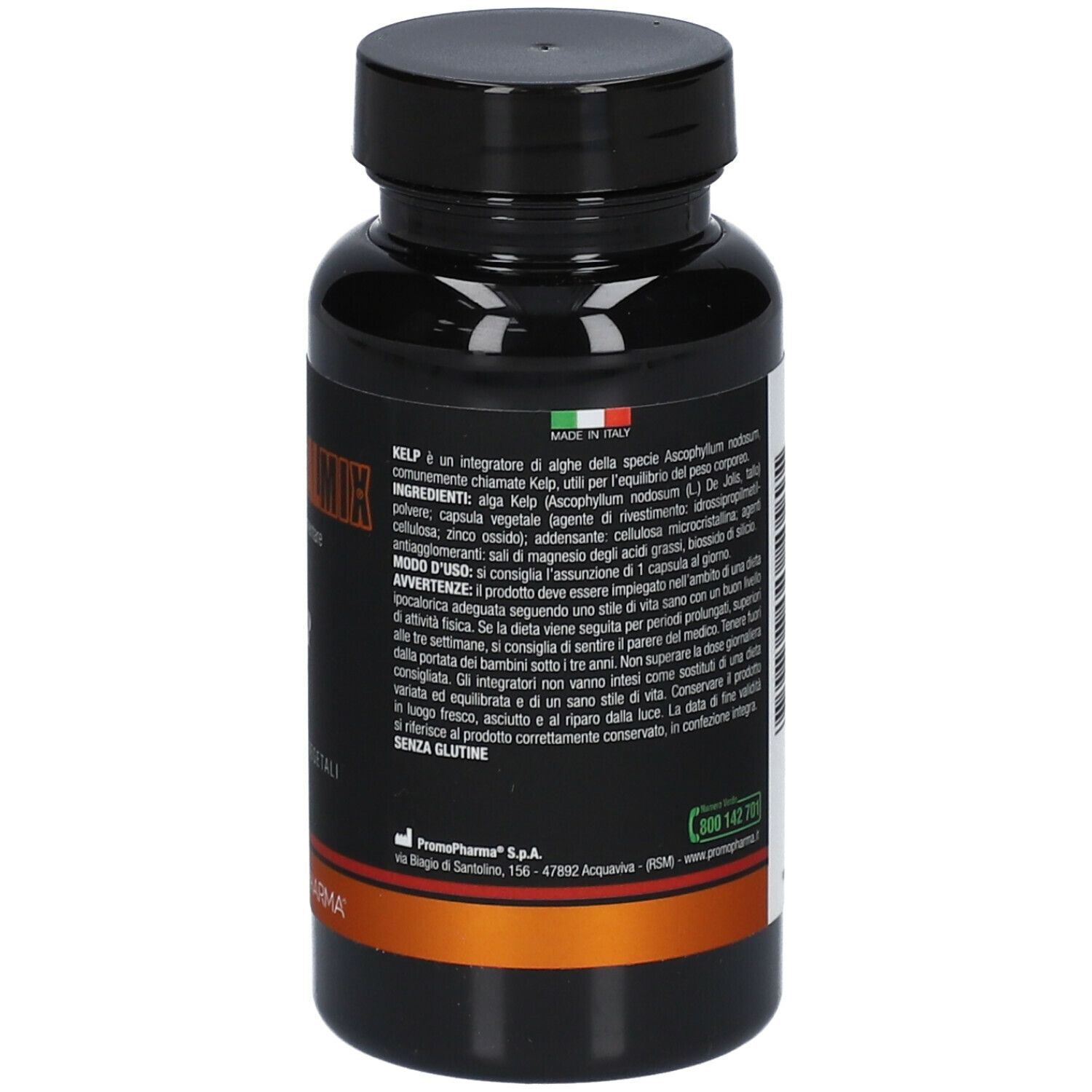 Flacone nero con capsule. Scritta: Botanical Mix Kelp, 100 capsule vegetali. Marchio: Promopharma.