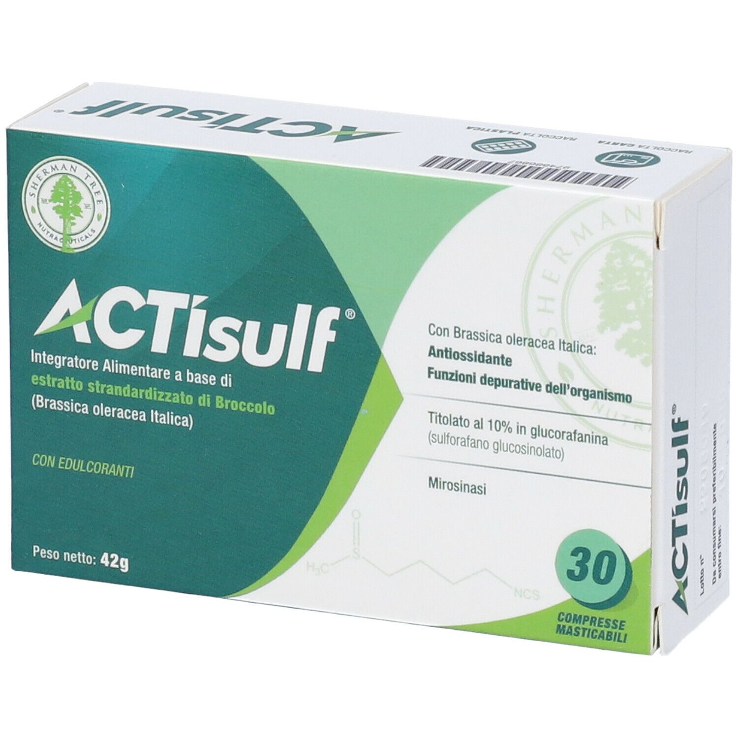 Scatola di integratore alimentare ACTIsulf. Confezione verde e bianca con nome del prodotto e 30 compresse.
