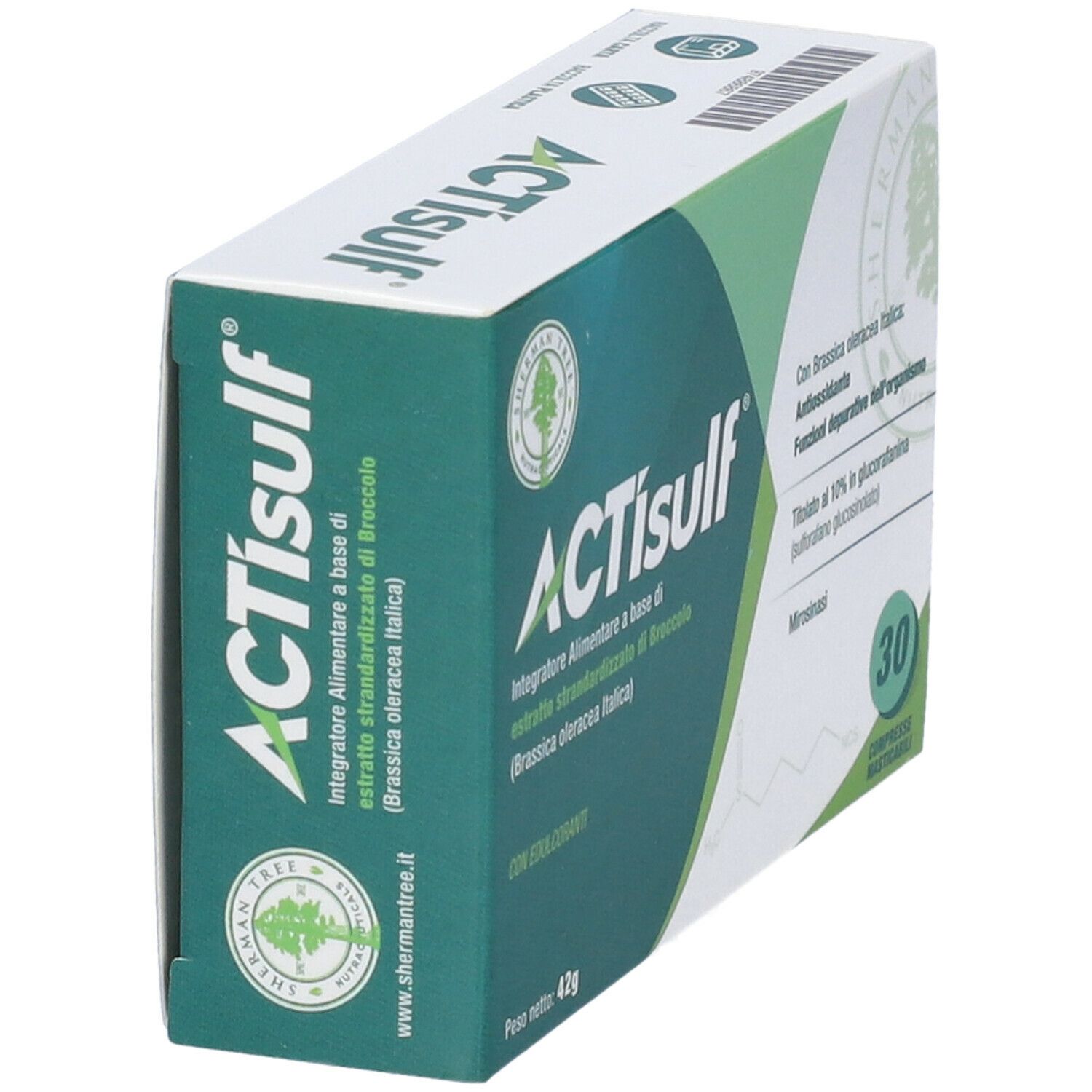 Scatola ACTIsulf in prospettiva. Confezione verde e bianca con nome del prodotto e 30 compresse.