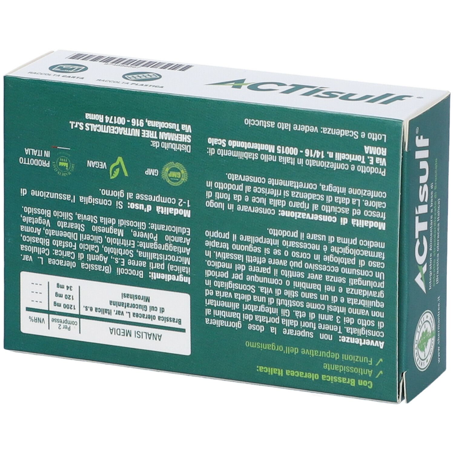 Retro della scatola ACTIsulf. Informazioni testuali, ingredienti e dettagli del produttore.