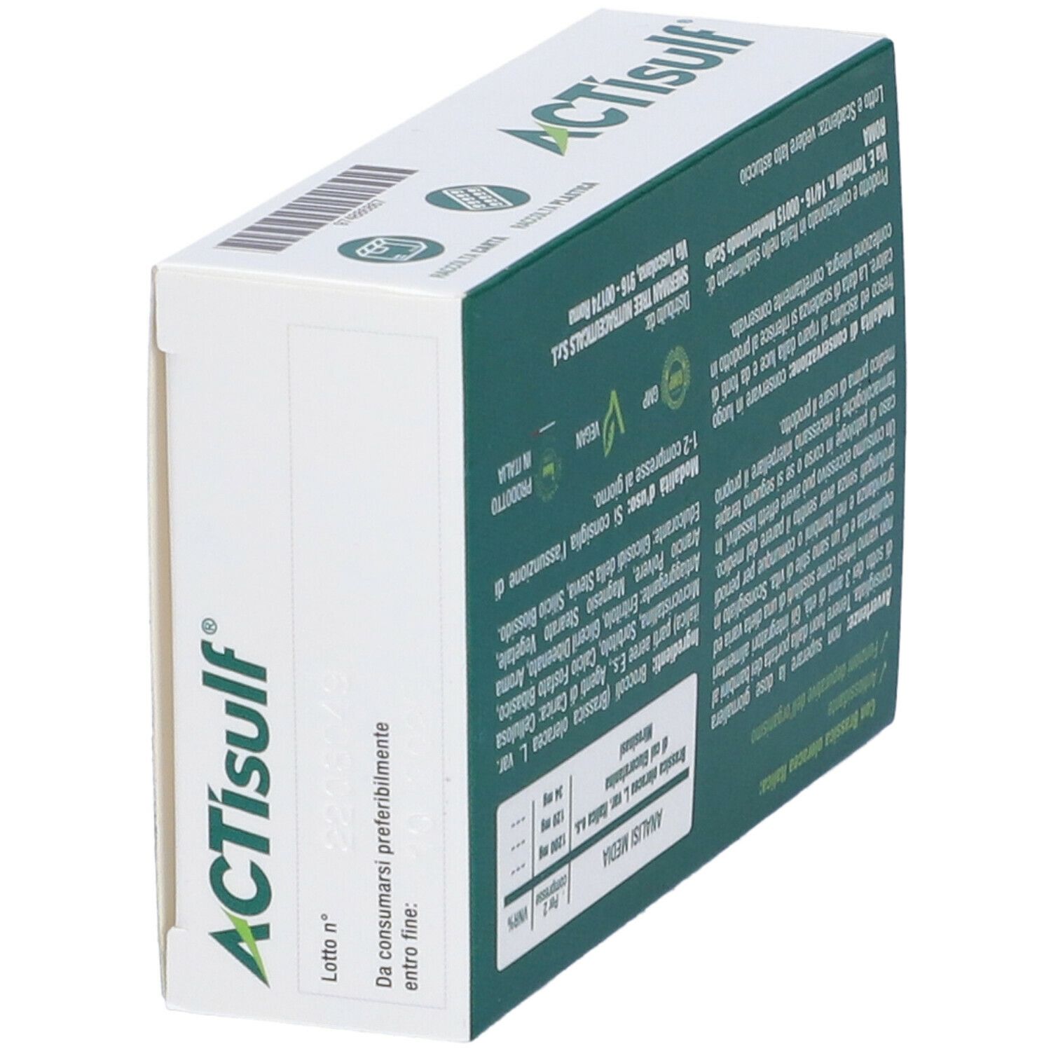 Scatola ACTIsulf in prospettiva. Retro con testo e informazioni del produttore.