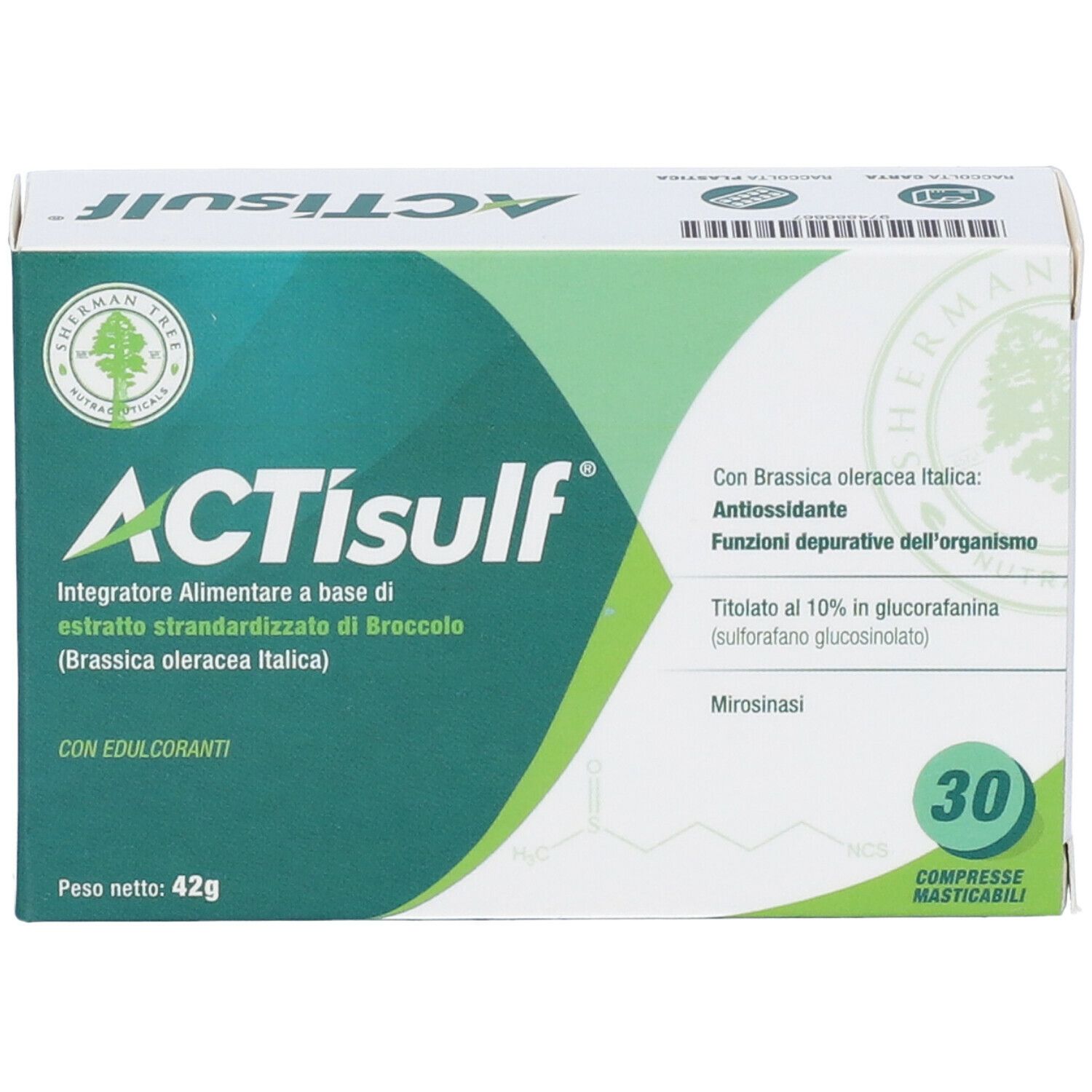 Scatola di integratore alimentare ACTIsulf. Confezione verde e bianca con nome del prodotto e 30 compresse.
