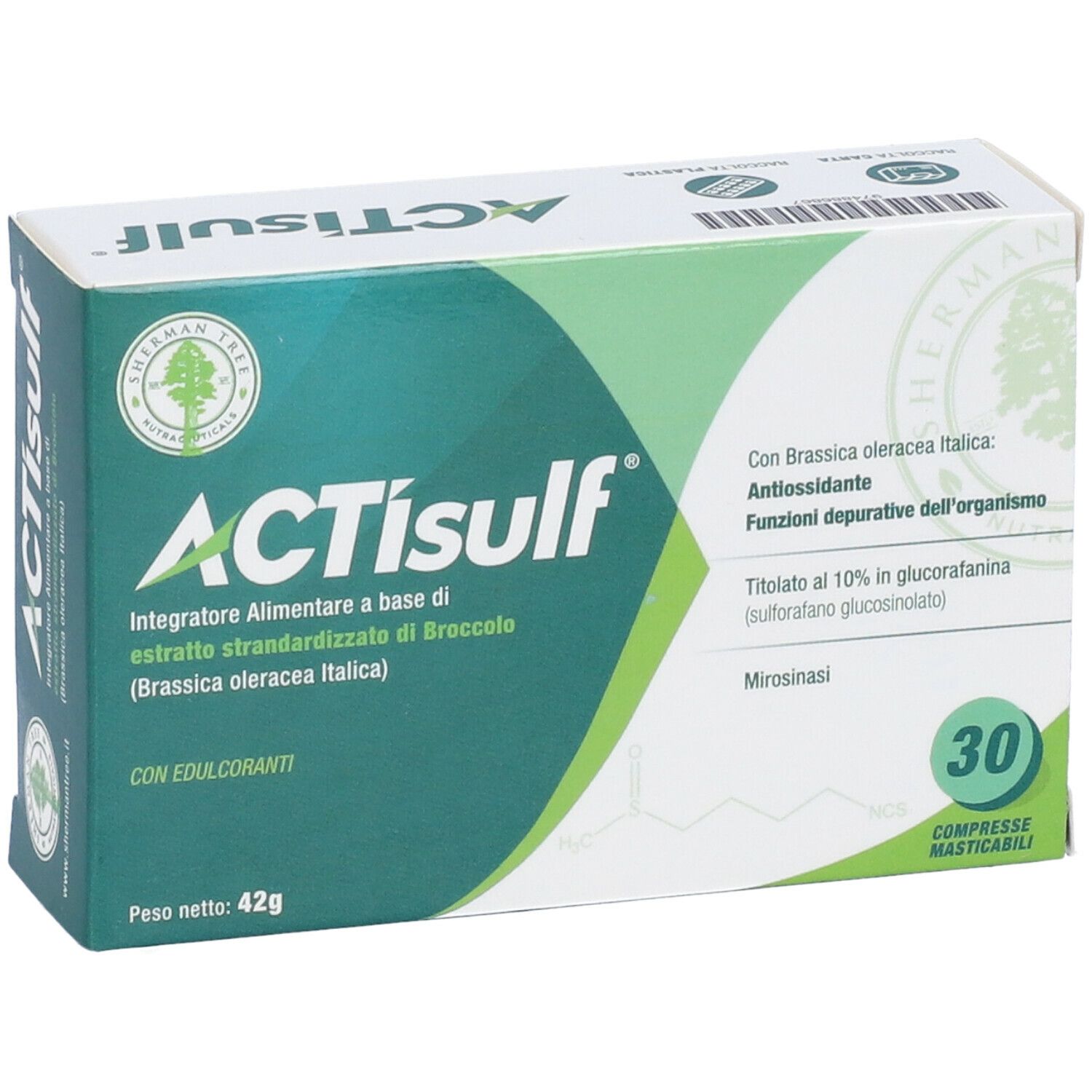 Scatola di integratore alimentare ACTIsulf. Confezione verde e bianca con nome del prodotto e 30 compresse.