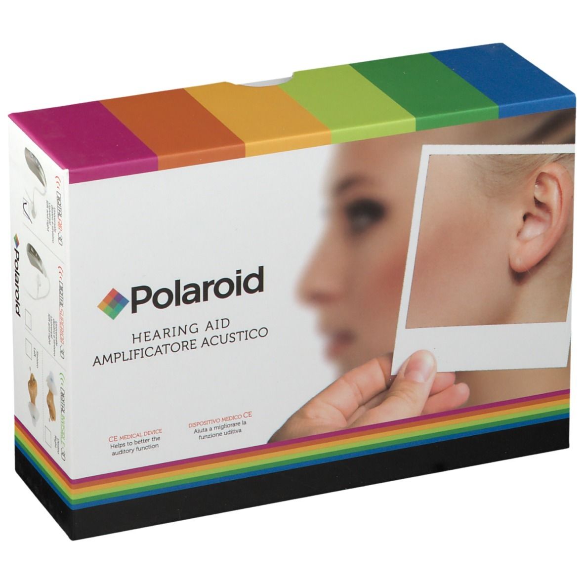 Confezione Polaroid con logo e nome del prodotto. Immagine di un orecchio sulla confezione.