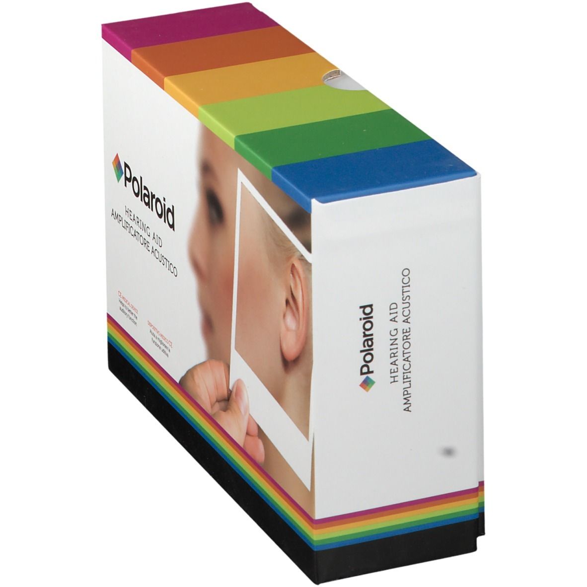 Confezione Polaroid con logo e nome del prodotto. Design arcobaleno.