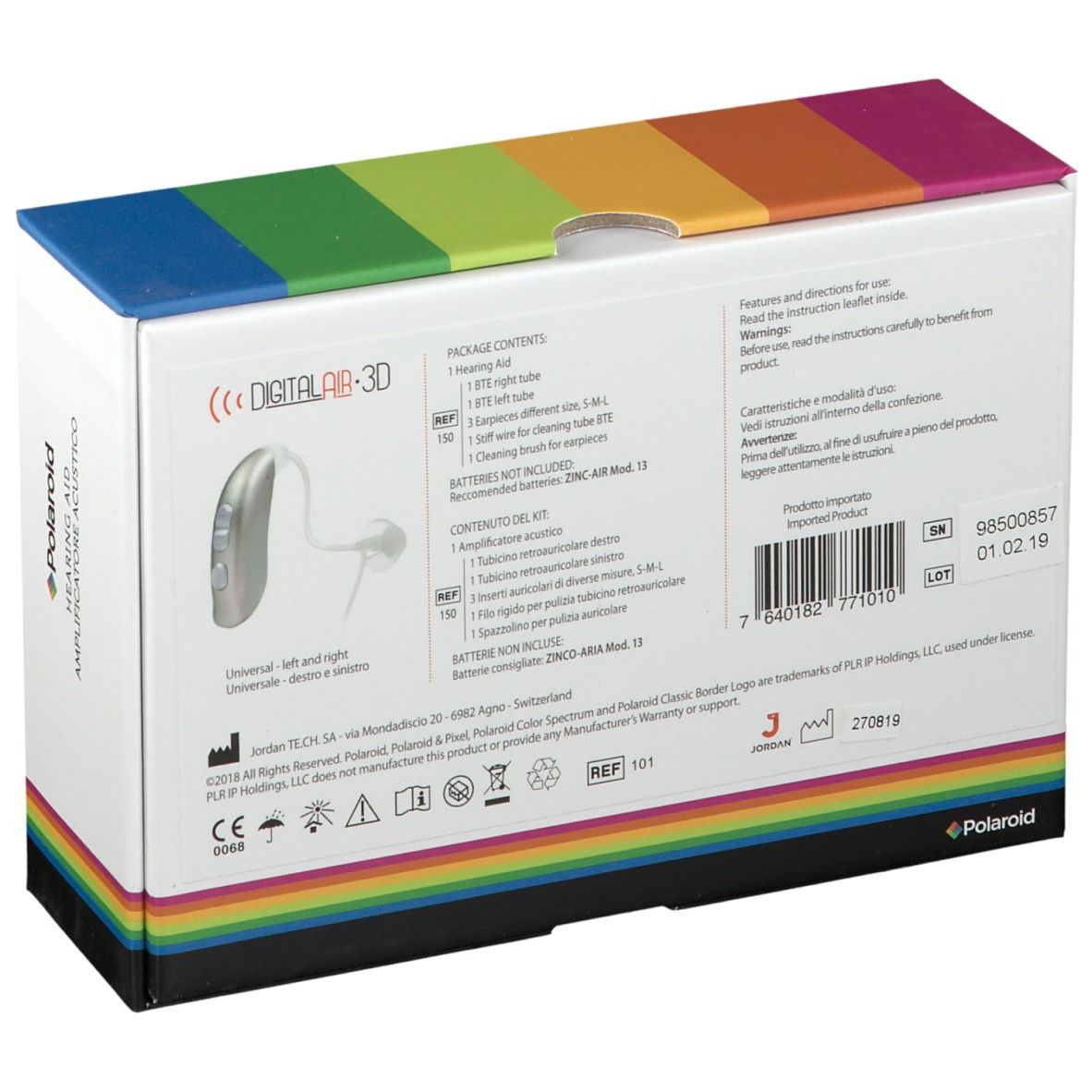 Retro della confezione Polaroid. Informazioni sul prodotto, contenuto e marchio CE.