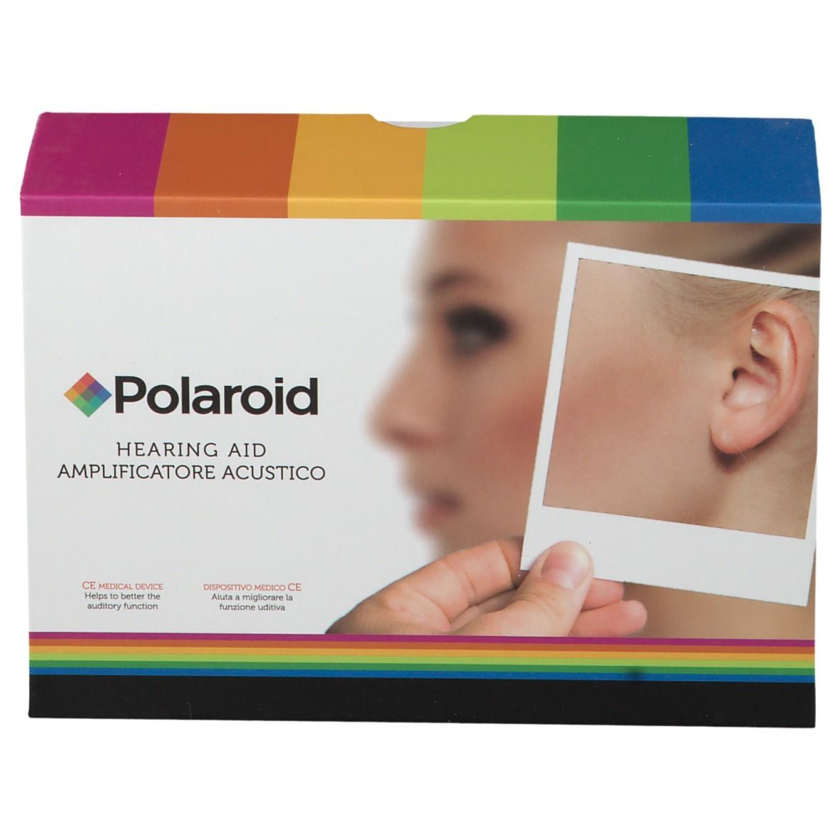 Confezione Polaroid con logo e nome del prodotto. Immagine di un orecchio.