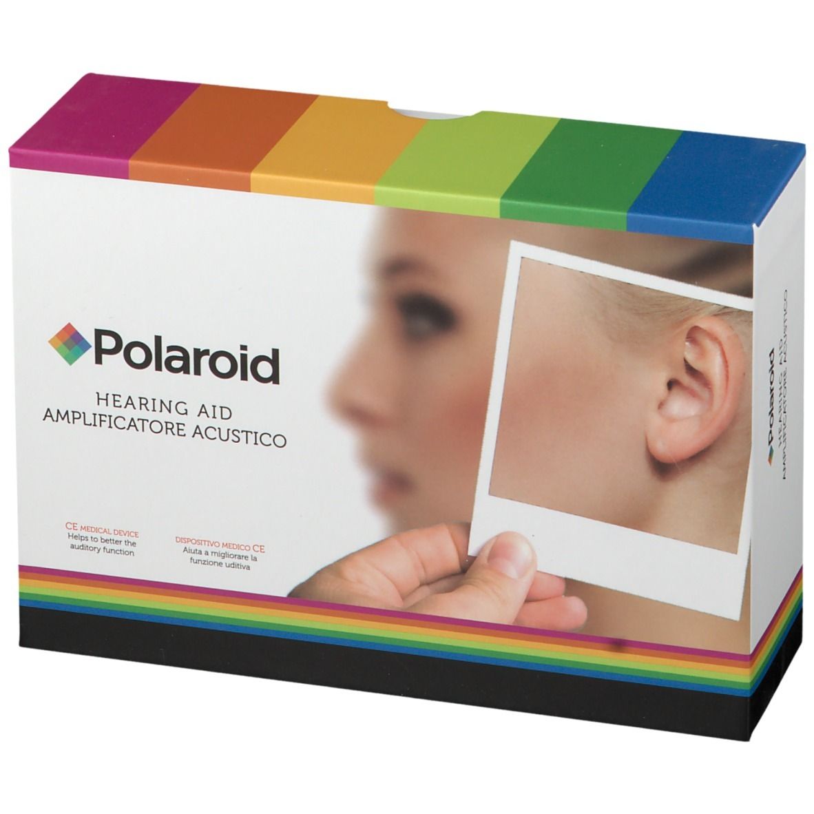 Confezione Polaroid con logo e nome del prodotto. Immagine di un orecchio.