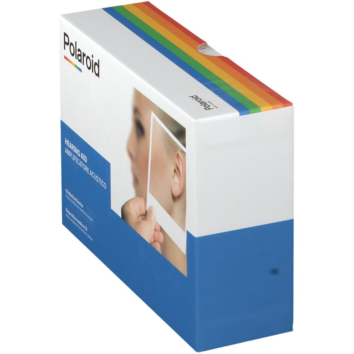 Confezione Polaroid, angolata. Scritta: Apparecchio acustico, dispositivo medico CE. Immagine di orecchio con apparecchio.