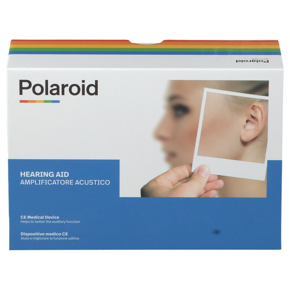 Confezione Polaroid. Scritta: Apparecchio acustico, dispositivo medico CE. Immagine di orecchio con apparecchio.