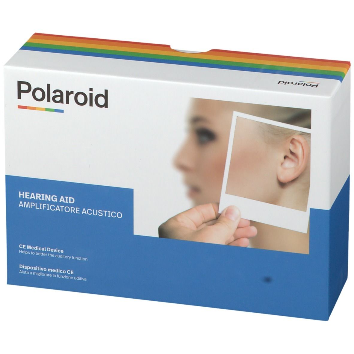 Confezione Polaroid. Scritta: Apparecchio acustico, dispositivo medico CE. Immagine di orecchio con apparecchio.